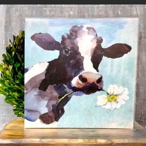 Cute black & white happy cow with daisy watercolor style farmhouse canvas decor